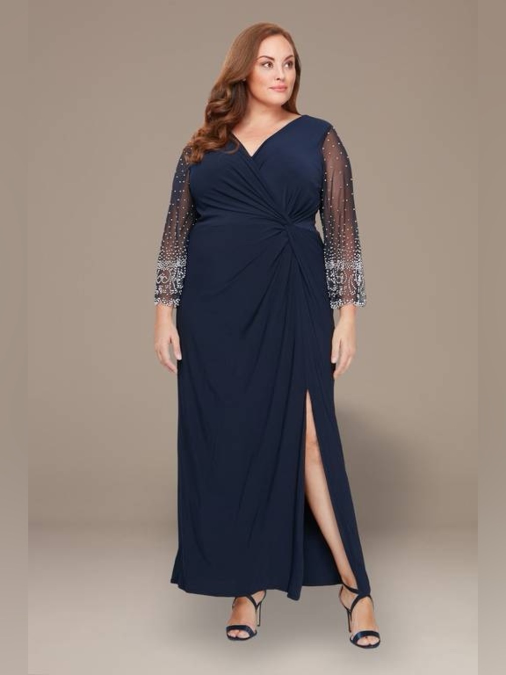 NEW David’s Bridal Alex Evenings Navy Evening Gown with Beaded Sheer Sleeve